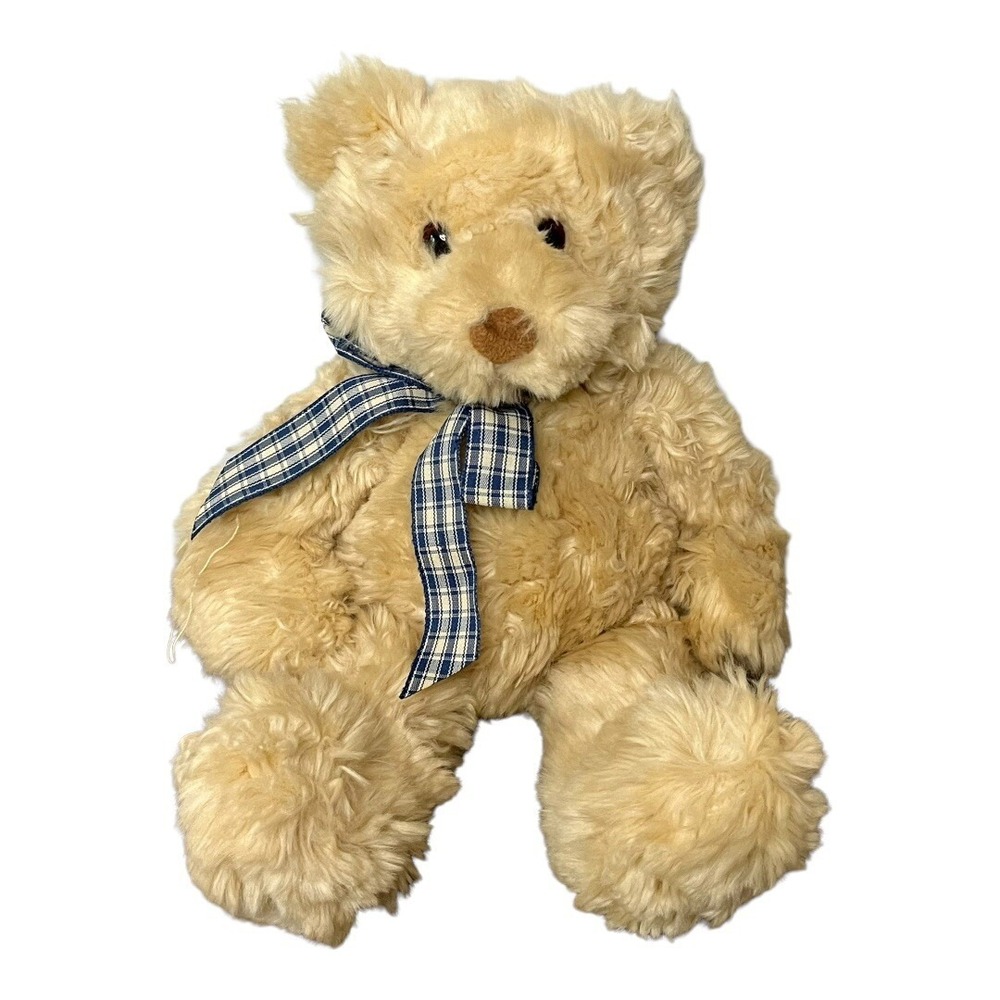 Gund Gordon Teddy Bear Plush Tan Beige 15037 Shaggy Fur Blue Plaid Ribbon 12in